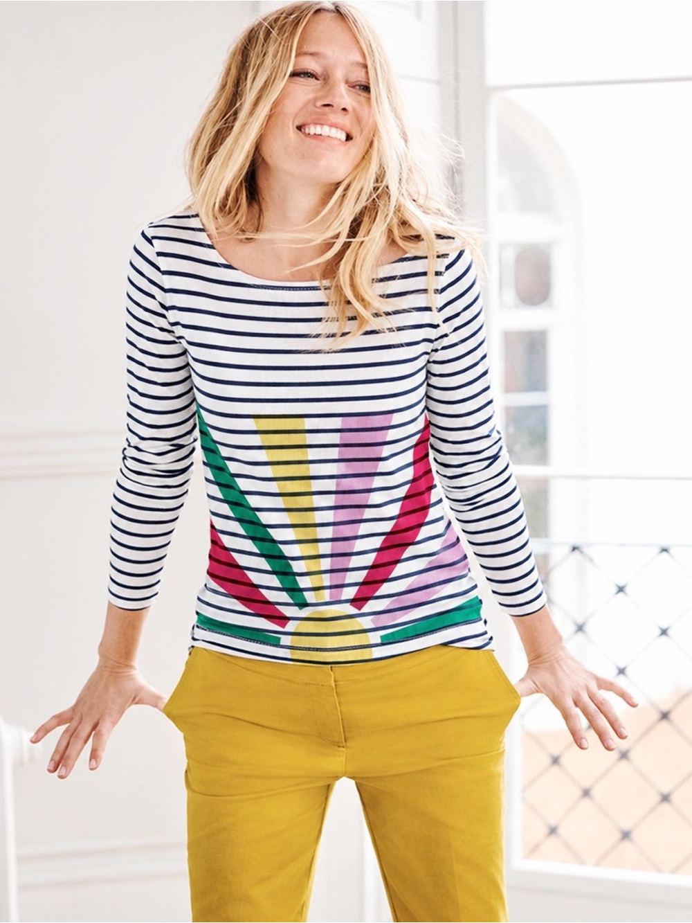 BODEN Woman White Navy Striped Rainbow Cotton Long Sleeve US8 Preppy Coastal